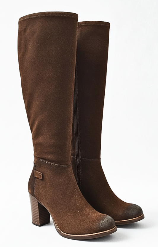 100% Genuine Suede High Boots with Block Heel