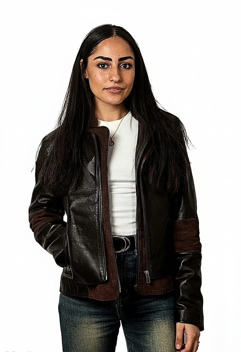 Brown genuine leather women’s jacket with suede accents (Size S)
