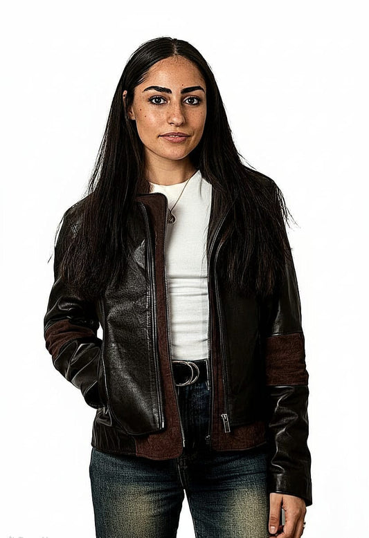 Brown genuine leather women’s jacket with suede accents (Size S)