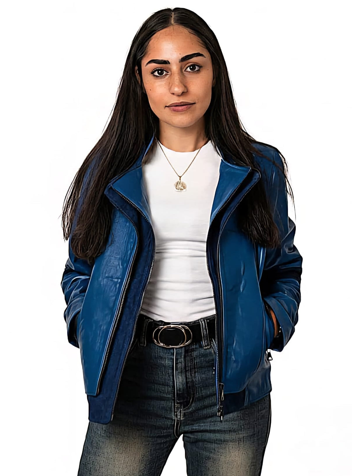 Women’s blue genuine leather jacket with suede accents (Size M )