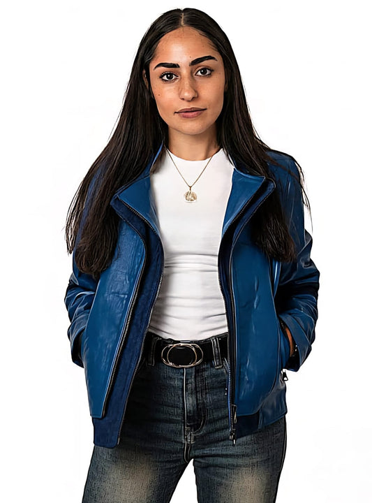 Women’s blue genuine leather jacket with suede accents (Size M )